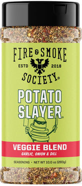 Fire & Smoke Society bote frontal del condimento Potato Slayer mostrando la etiqueta y tamaño