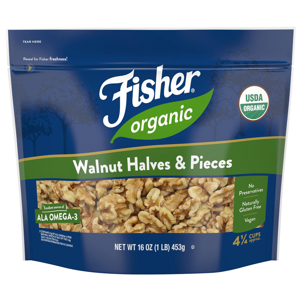 FISHER bolsa frontal 16 oz mostrando nueces orgánicas y frescura inmediata