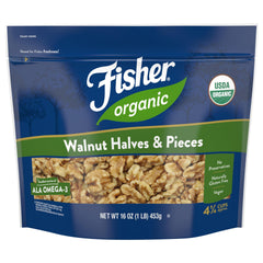FISHER bolsa frontal 16 oz mostrando nueces orgánicas y frescura inmediata