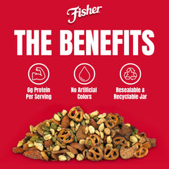 Fisher etiqueta con ingredientes y sabor dill pickle, información clara