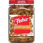 CHEF'S NATURALS Fisher pecanas glaseadas frontal mostrando la lata y el producto