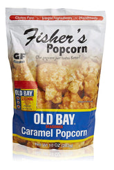 Fisher's Popcorn empaque frontal mostrando sabor Old Bay y frescura