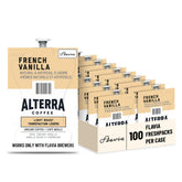 Flavia caja Alterra French Vanilla frontal mostrando 100 Freshpacks y beneficio de cantidad