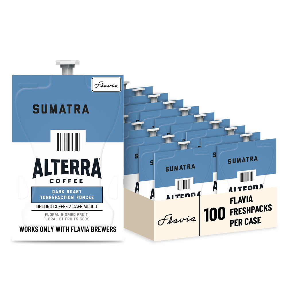 Flavia Alterra Sumatra empaque frontal muestra caja de 100 Freshpacks y conveniencia