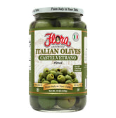 Flora Fine Foods frasco frontal mostrando aceitunas Castelvetrano y conveniencia
