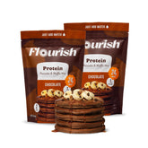 Flourish empaque frontal sabor chocolate mostrando etiqueta y beneficios