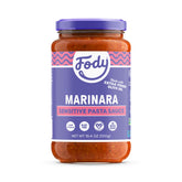 Fody frasco frontal mostrando la marinara baja en FODMAP para pasta
