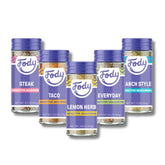 Fody pack frontal mostrando los cinco sazonadores y beneficios digestivos