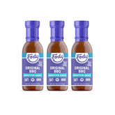 Fody salsa BBQ vista frontal paquete de tres con etiqueta clara y sabor ahumado