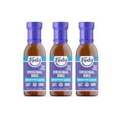 Fody salsa BBQ vista frontal paquete de tres con etiqueta clara y sabor ahumado