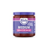 Fody salsa media vista frontal frasco y etiqueta clara, sabor confiable