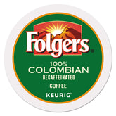 Folgers 100 Percent Colombian Decaf caja frontal mostrando 96 cápsulas y beneficios de sabor