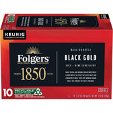 Folgers caja frontal mostrando 1850 Black Gold y cápsulas, conveniencia inmediata