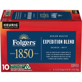 Folgers 1850 caja frontal mostrando diseño y cantidad de 10 cápsulas