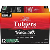 Folgers Black Silk empaque frontal mostrando 12 cápsulas y conveniencia