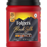 Folgers Black Silk frente del empaque mostrando marca y beneficio de sabor intenso