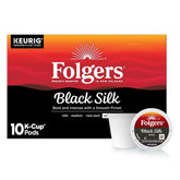 Folgers Black Silk frontal de la caja mostrando 10 cápsulas, conveniencia inmediata