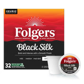 Folgers Black Silk frontal de la caja mostrando 32 cápsulas y conveniencia