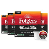 Folgers Black Silk frontal del empaque mostrando conveniencia y cantidad