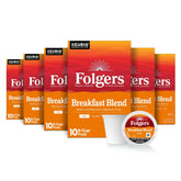 Folgers frontal del paquete Breakfast Blend mostrando cajas apiladas y beneficio conveniencia