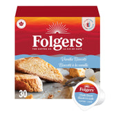 Folgers caja frontal Vanilla Biscotti muestra el contenido y conveniencia