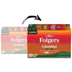 Caja abierta con 10 cápsulas Folgers Colombian Decaf mostrando contenido interior