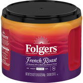 Folgers lata al frente mostrando diseño y cantidad, conveniencia de almacenamiento