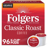 Folgers empaque frontal de 96 cápsulas mostrando cantidad y marca para ahorro