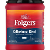 Folgers lata frente mostrando diseño y conveniencia de almacenamiento