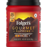 Folgers bote frontal mostrando la etiqueta y la promesa de sabor robusto