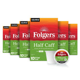 Folgers Half Caff empaque frontal mostrando 60 cápsulas y conveniencia