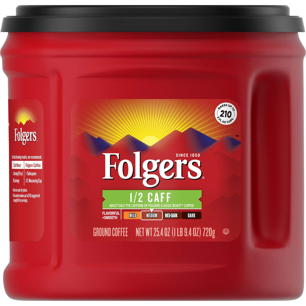 Folgers lata frontal mostrando 25.4 oz y diseño, calidad consistente