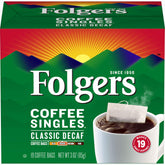 Folgers embalaje frontal mostrando 19 bolsas y beneficio conveniencia