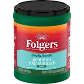 Folgers Simply Smooth descafeinado vista frontal del envase y etiqueta clara