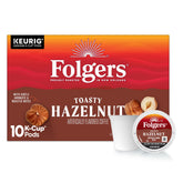Folgers frente caja Toasty Hazelnut mostrando diseño y conveniencia