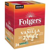 Folgers frente del empaque mostrando 24 cápsulas y sabor vainilla biscotti