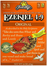 Food for Life caja frontal Ezekiel 4:9 mostrando diseño y beneficio de volumen