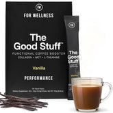 For Wellness empaque frontal The Good Stuff Vanilla, presentación clara y portátil