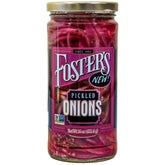 Foster's Since 1984 tarro frontal 16oz mostrando cebollas encurtidas y etiqueta clara