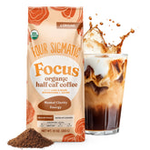 Four Sigmatic caja frontal del café molido orgánico mostrando 10 oz y beneficios