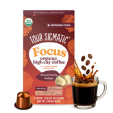 Four Sigmatic cápsula frontal mostrando diseño y compatibilidad Nespresso, conveniencia organica