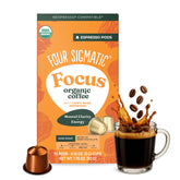 Four Sigmatic cápsula frontal mostrando el envase y compatibilidad Nespresso, ofrece conveniencia