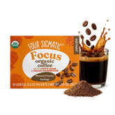 Four Sigmatic sobre frente del paquete mostrando marca y beneficio foco
