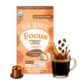 Four Sigmatic caja frontal mostrando 10 cápsulas y beneficios claros