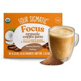 Four Sigmatic frente del paquete latte mostrando el diseño y beneficios