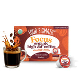 Four Sigmatic frente del paquete mostrando cápsulas y marca, conveniencia inmediata