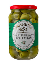 Frankies 457 frasco delantero de aceitunas Castelvetrano mostrando color y etiqueta