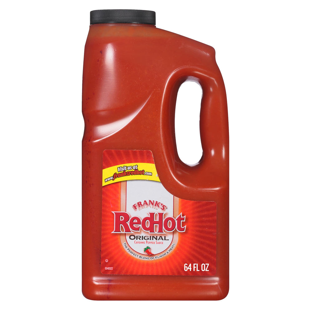 Frank's RedHot botella frontal 64 oz mostrando tamaño y etiqueta, ideal para eventos