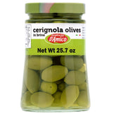 FRATELLI D'AMICO frasco frontal mostrando aceitunas Cerignola grandes y listas para servir