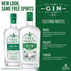 The Free Spirits Company etiqueta en primer plano con información de botánicos